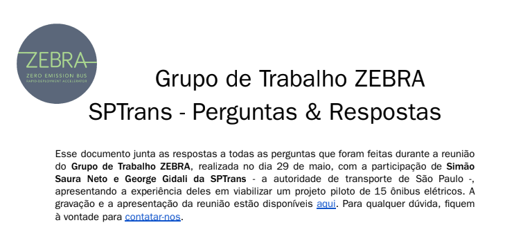 Grupo de Trabalho ZEBRA SPTrans – Perguntas & Respostas